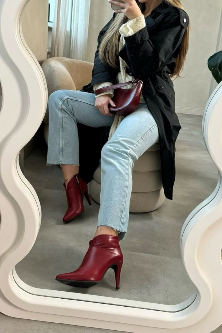 Red Pointed Toe V-Cut Patent Leather Stiletto Ankle Boots [Pre Order]