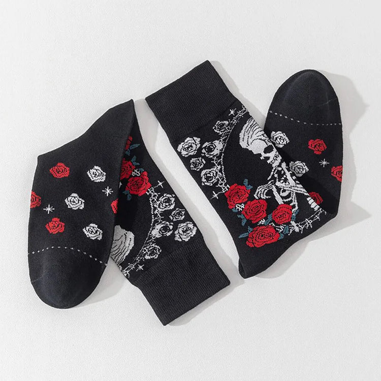 Calcetines de media pantorrilla con estampado floral de rosas y esqueleto de pelo largo para Halloween 