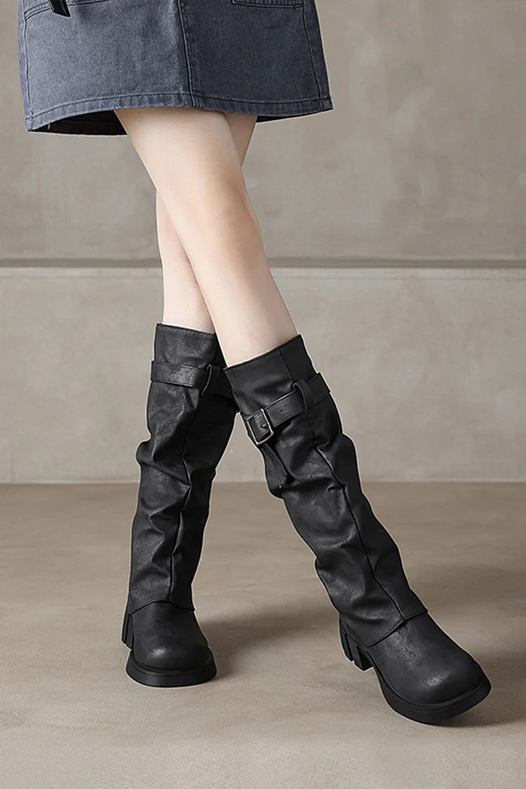 Strap Buckle Decor Fold Over Round Toe Chunky Heel Long Boots