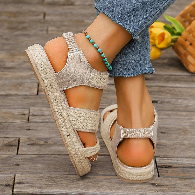 Woven Espadrille Patchwork Elastic Ankle Band Platform Sandals