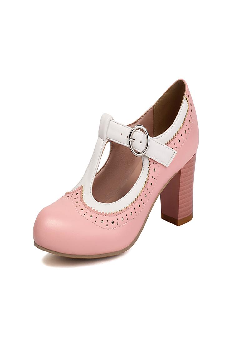 Colorblock T-Strap Buckle Round Toe Elegant Chunky Heels