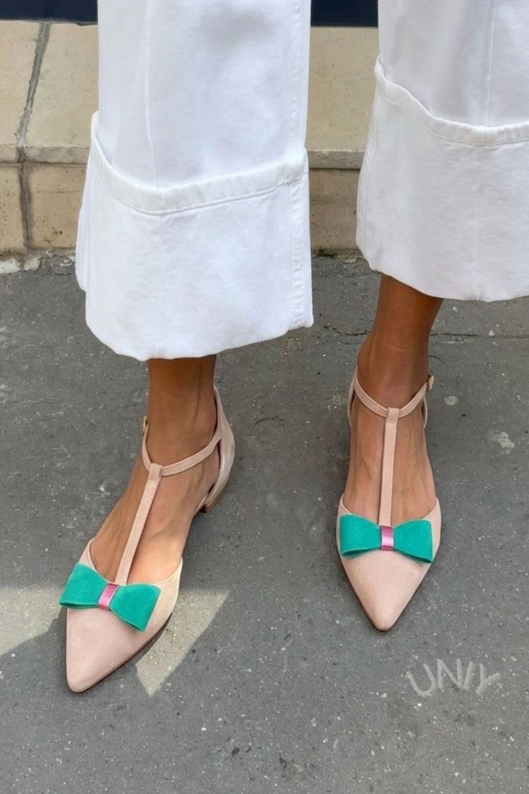 Ballerine Scamosciate Nude con Punta a Contrasto Verde e Fiocco a T [Preordine]