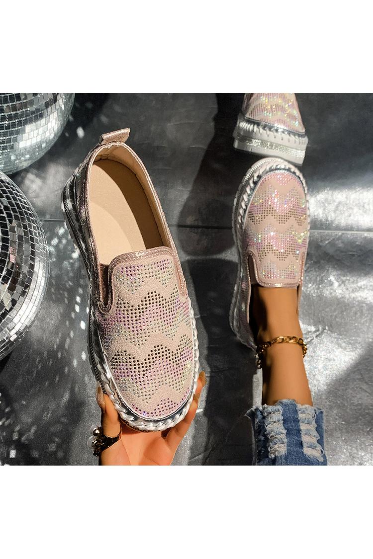 Colorblock gewellte Strassverzierung runde Zehe lässige Plateau Slipper