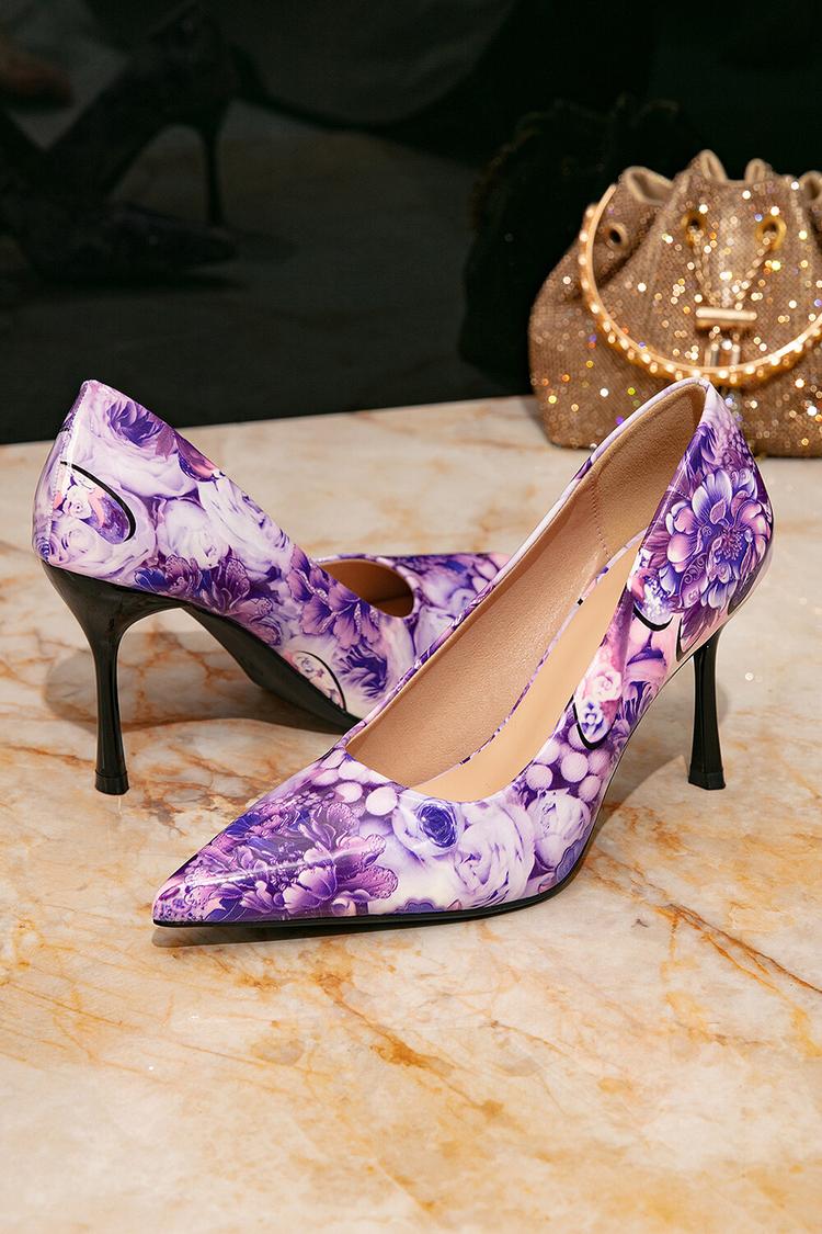 Eleganti scarpe con tacco a spillo slip-on a punta con stampa floreale