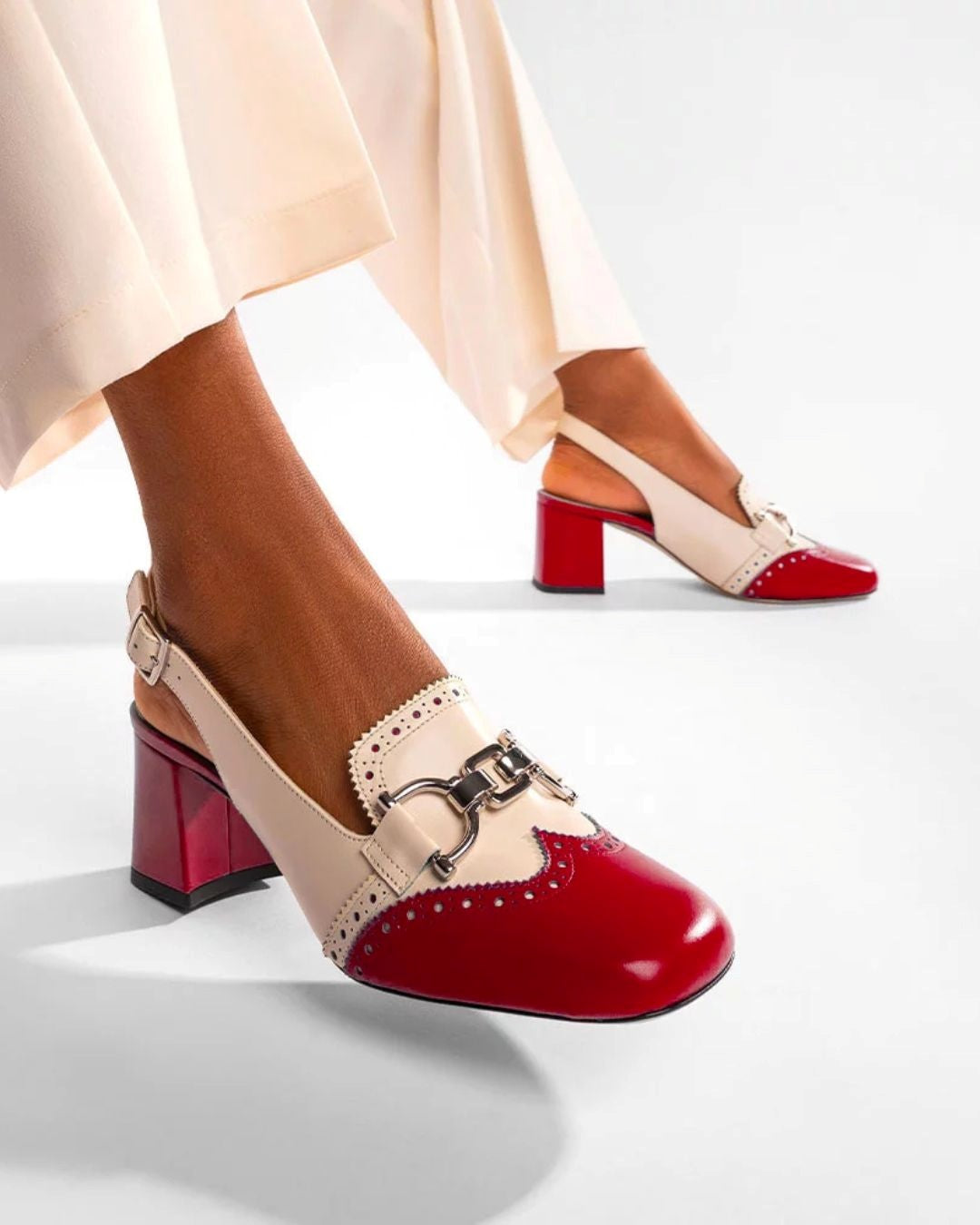 Colorblock eckige Zehen Metall Schnalle Retro Slingback Blockabsätze [Vorbestellung]