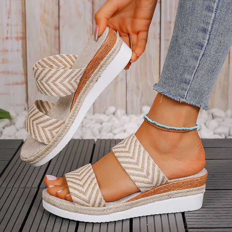 Woven Pattern Double Instep Belt Platform Wedge Espadrille Slippers