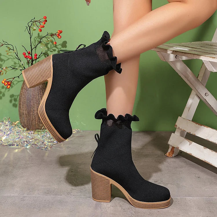 Knitted Frilled Round Toe Chunky Heel Pull On Mid Boots