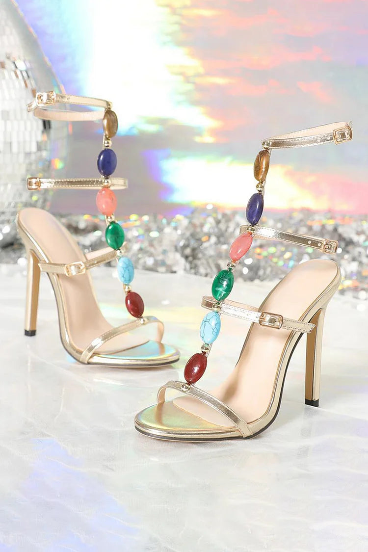 Multi-Color Faux Gemstones Decor Buckles Straps High Heels-Gold
