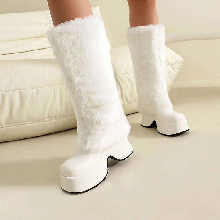 Faux Fur Trim Round Toe Chunky Heel Platform Long Boots