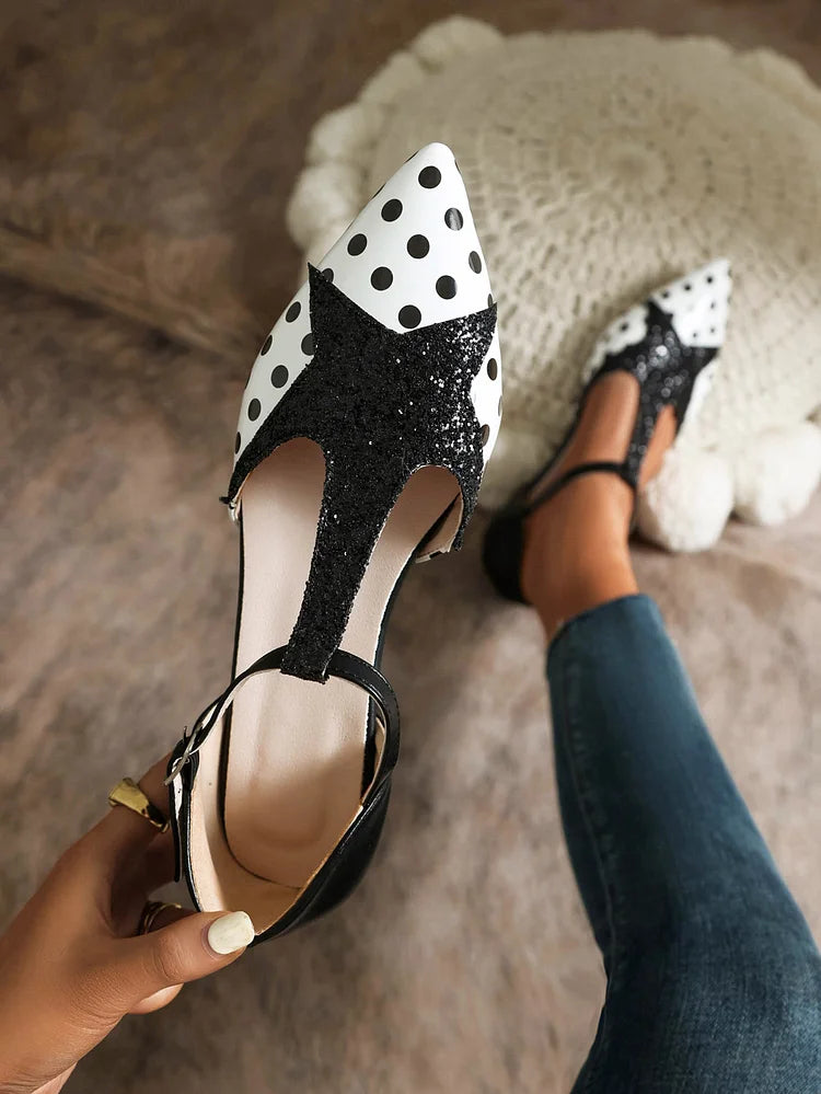 Women's Glitter Stitching Polka Dot Print Pointy Toe Flats