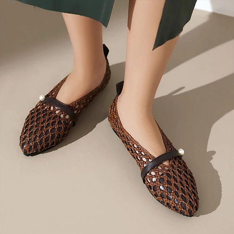 Patchwork Hollow Out Fishnet Instep Strap Pointed Toe Flats