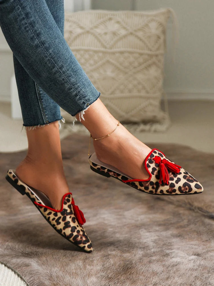 Leopard Print Colorblock Tassels Pointy Toe Shoes Slip On Mules