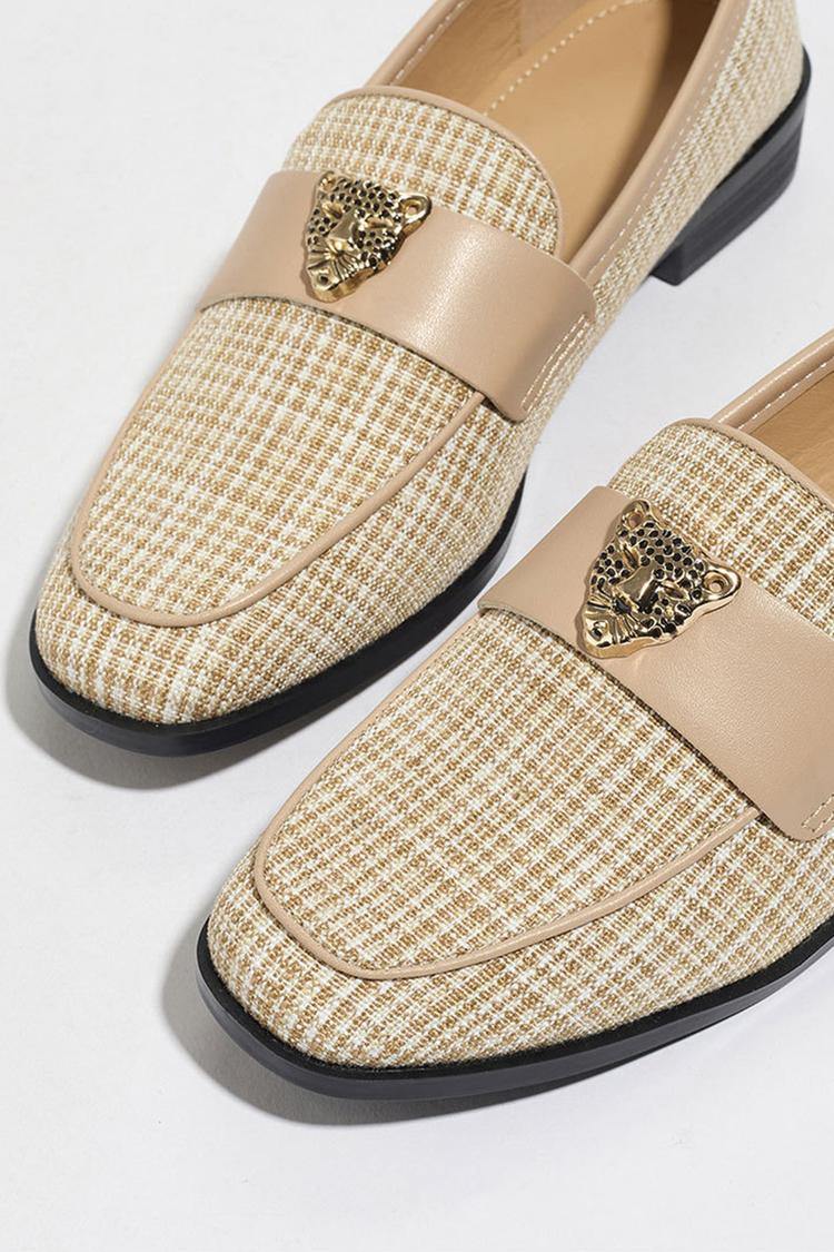 Metall Leopard Kopf Dekor Patchwork Quadratische Zehe Freizeit Slipper