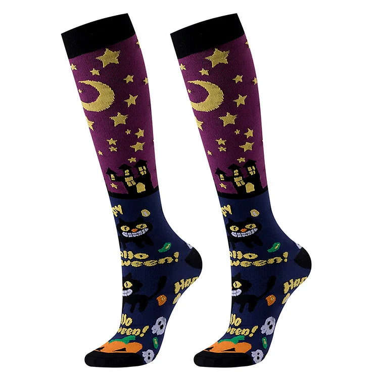 Calcetines por encima de la pantorrilla con estampado de estrellas, casa embrujada, calavera y fantasma de Halloween 