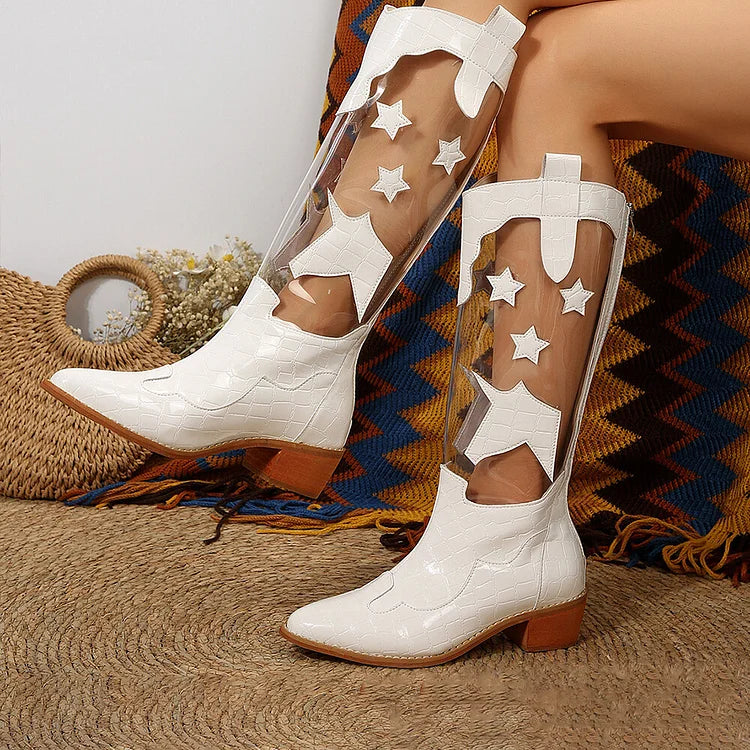 Patchwork Crocodile Print Pointed Toe Low Block Heel Mid Calf Boots