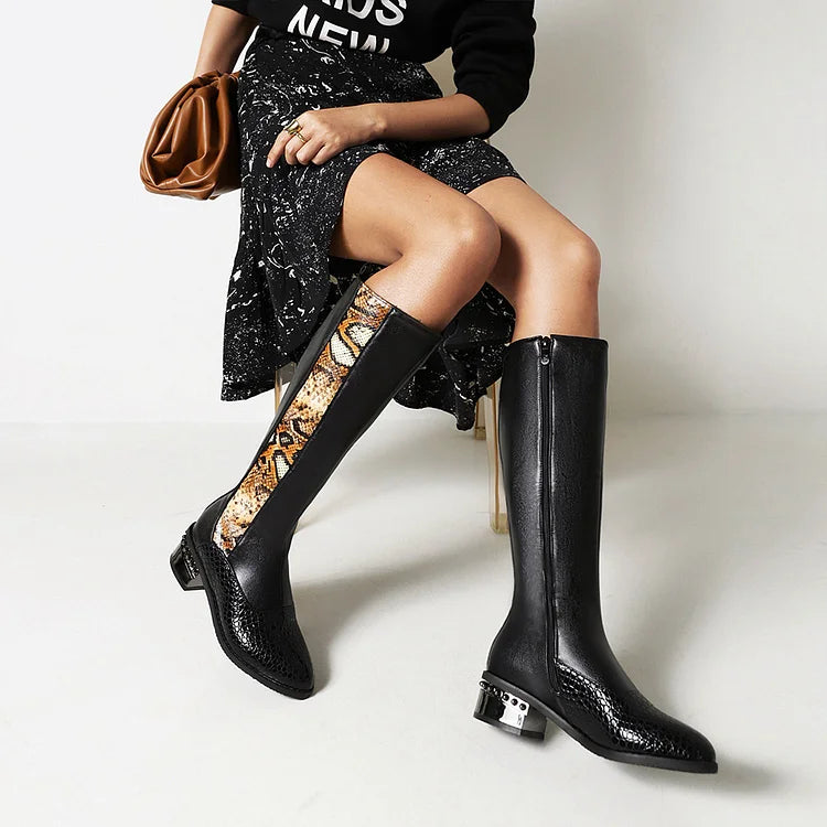 Animal Print Patchwork Pointed Toe Chunky Heel Knee High Boots