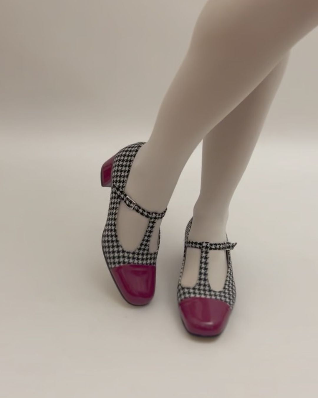 Plaid Colorblock T-Strap Chunky Heels [Pre Order]