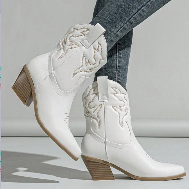 Embroidery Pointed Toe Chunky Heel Patchwork Pull On Western Boots