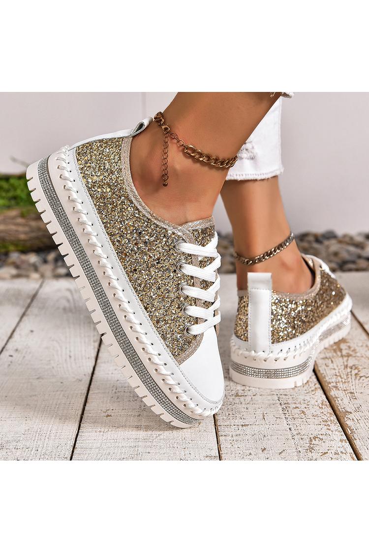 Sneakers casual con lacci e punta tonda con patchwork scintillante e dettagli cuciti 