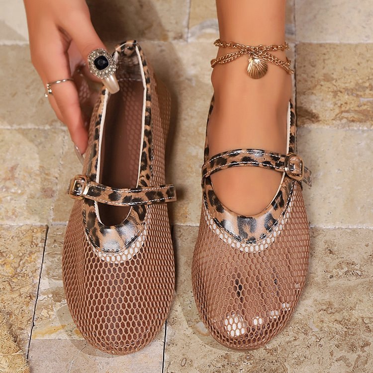 Leopard Print Fishnet Hollow Out Instep Strap Buckle Flats