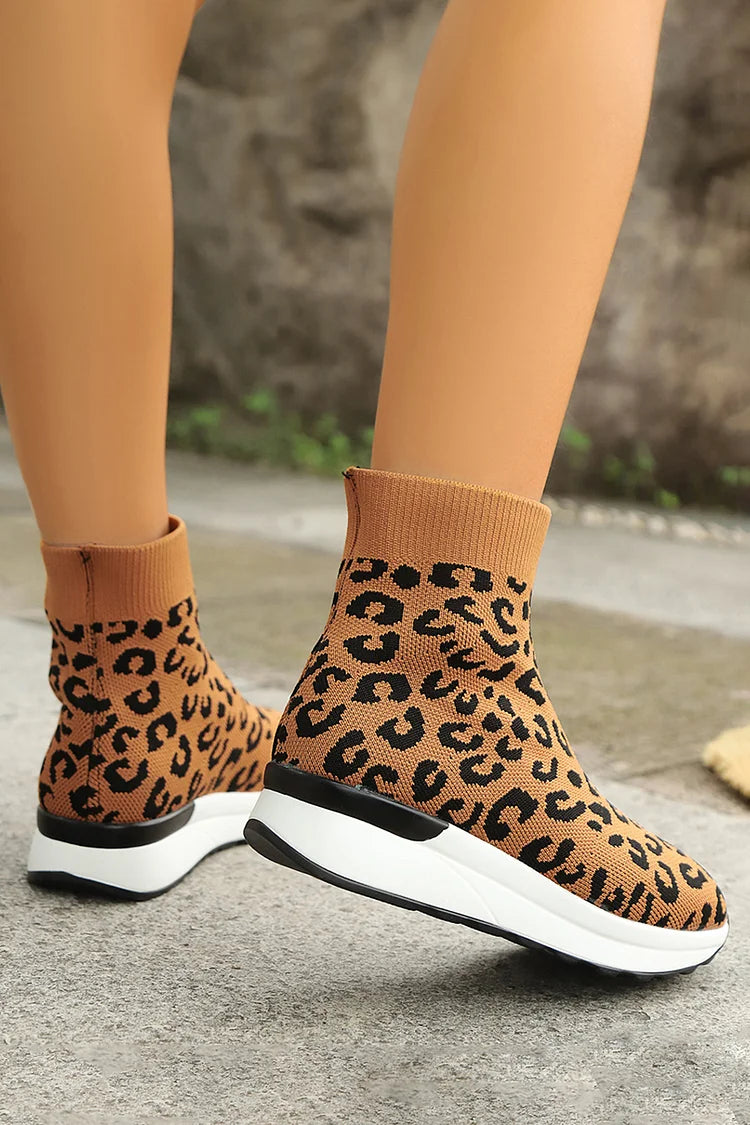 Colorblock Leopard Pattern Round Toe Casual Pull On Ankle Boots