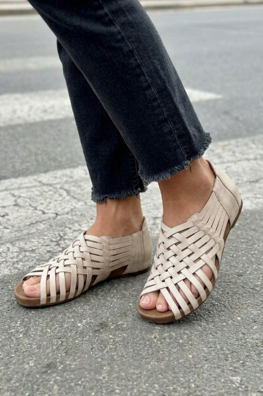Chic Beige Woven Cut-Out Multi-Strap Flat Sandals [Pre Order]
