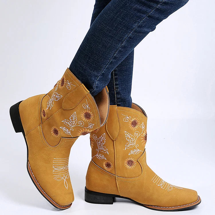 Sunflower Embroidery Stitch Detail Square Toe Cowgirl Boots