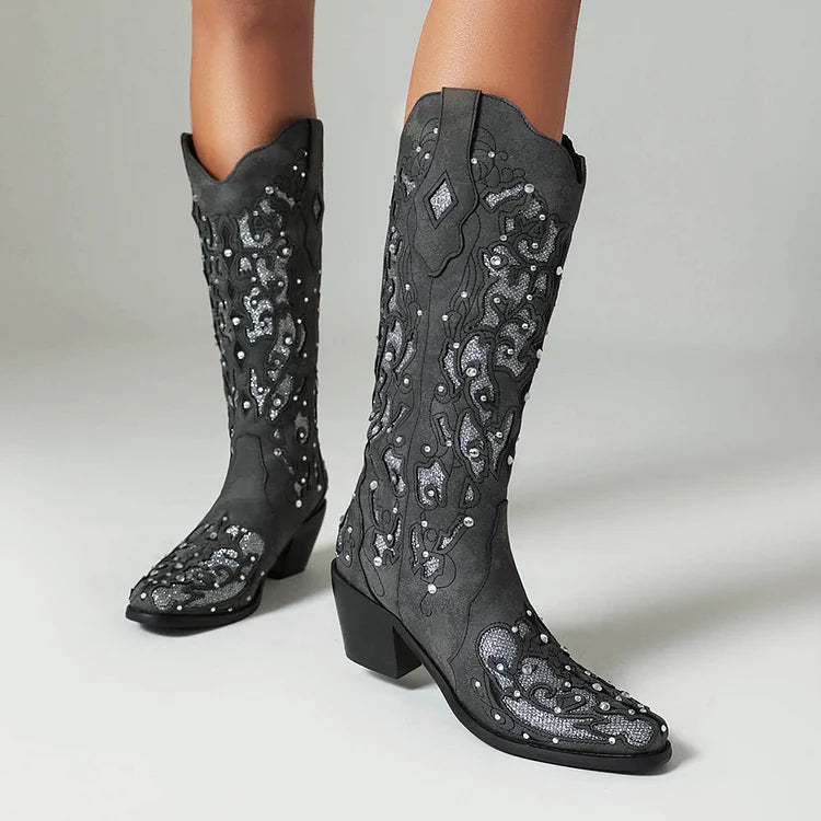 Rhinestone Decor Hollow Out Patchwork Pointed Toe Mid Calf Boots