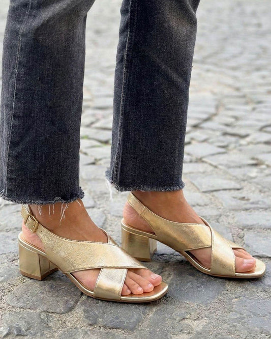 Gold Crisscross Strappy Block Heel Open Toe Sandals [Pre Order]
