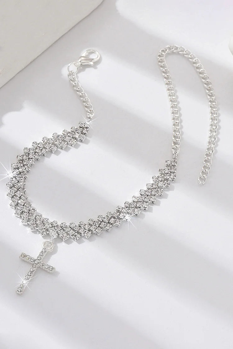 Cavigliera alla moda in lega con ciondolo a croce con decorazione in strass 