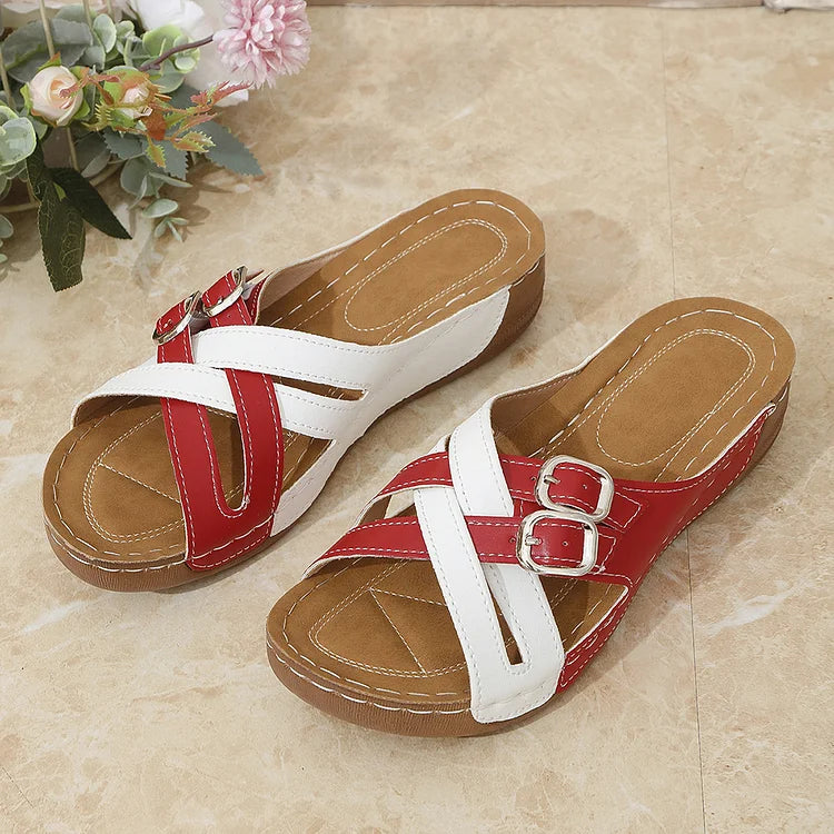Colorblock Cross Straps Buckles Round Toe Casual Wedge Slippers