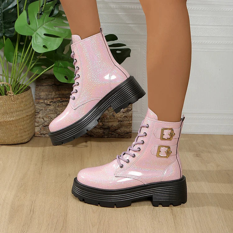 Round Toe Straps Buckles Decor Chunky Heel Lace Up Martin Boots