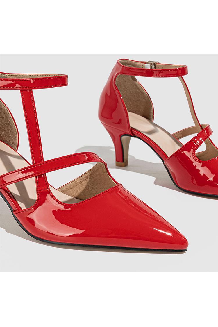 Scarpe con tacco a spillo a punta, con cinturino alla caviglia incrociato irregolare, tinta unita e fibbia