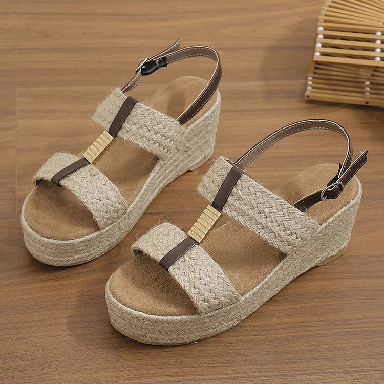 Woven Espadrille Metal Decor Slingback Strap Platform Wedge Sandals