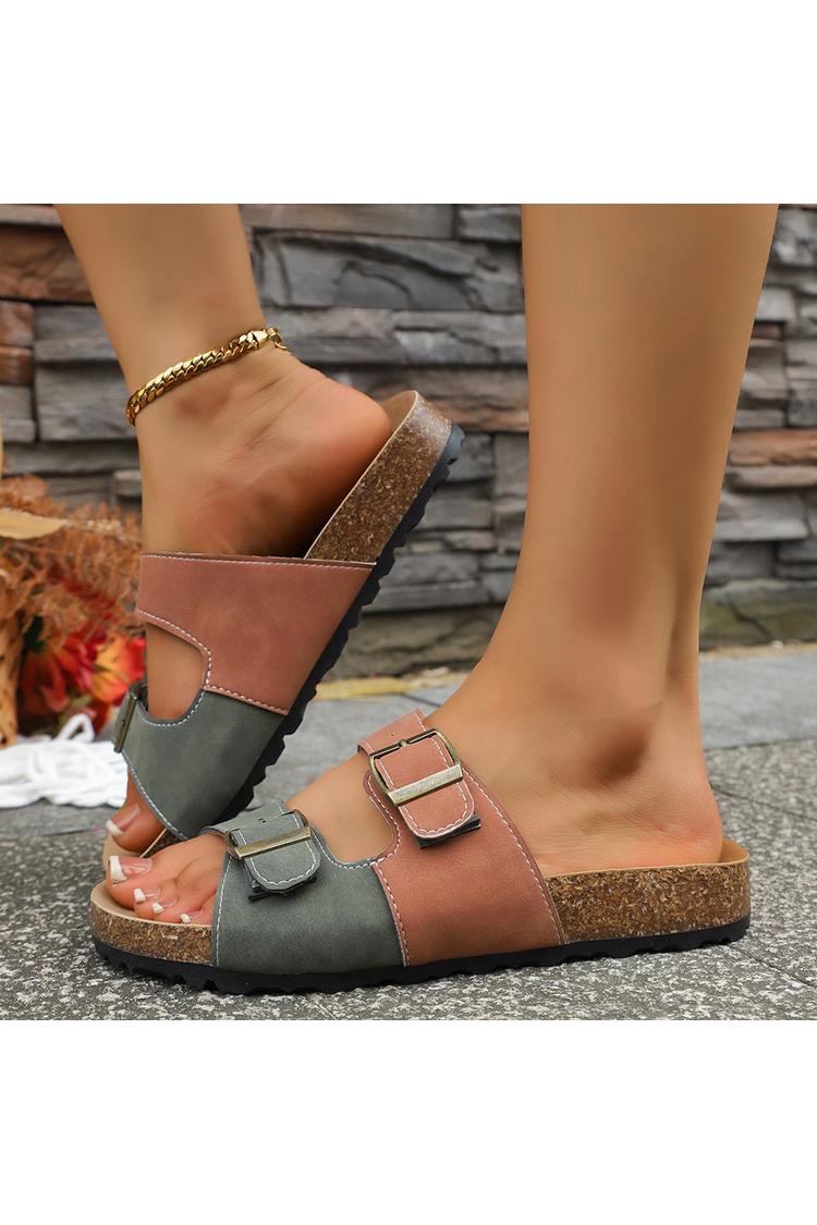 Pantofole casual da esterno con punta rotonda, due cinturini e fibbie colorblock