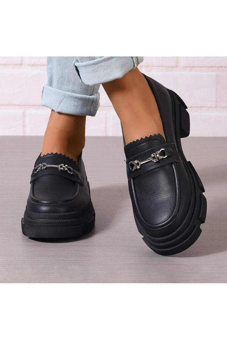 Metall Schnalle Dekor Einfarbig Runde Spitze Niedriger Blockabsatz Loafer