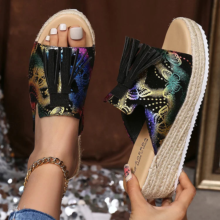 Bronzing Butterfly Print Tassels Trim Platform Wedge Espadrille Slippers