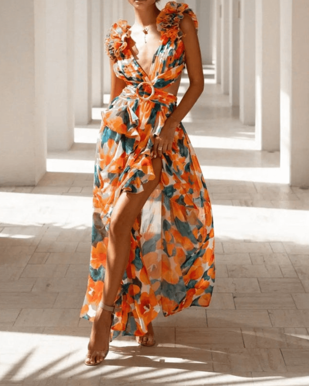 Floral Ruffle Detail Cut Out Back Lace-up Maxi Dress