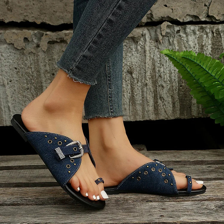 Fivela cravejada com decoração Toe Ring Denim Chinelos lisos casuais