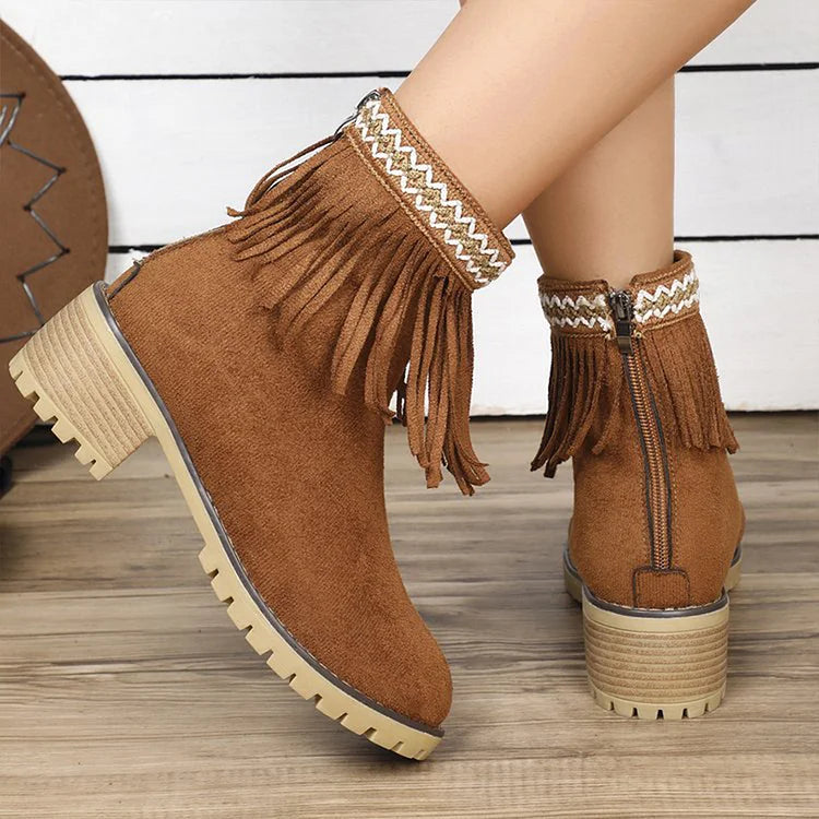 Round Toe Tassels Decor Zipper Chunky Heel Ankle Boots