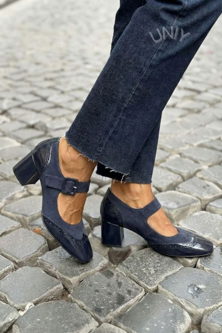 Patchwork Square Toe Instep Strap Buckle Low Heels