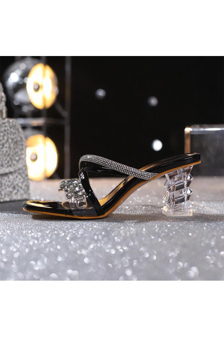 Eleganti tacchi a spillo spessi con punta quadrata, cinturino incrociato e decorazioni in strass 