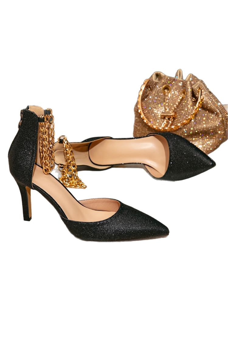 Scarpe con tacco a spillo con punta affilata e scintillante, decorazione a catena in metallo e cerniera