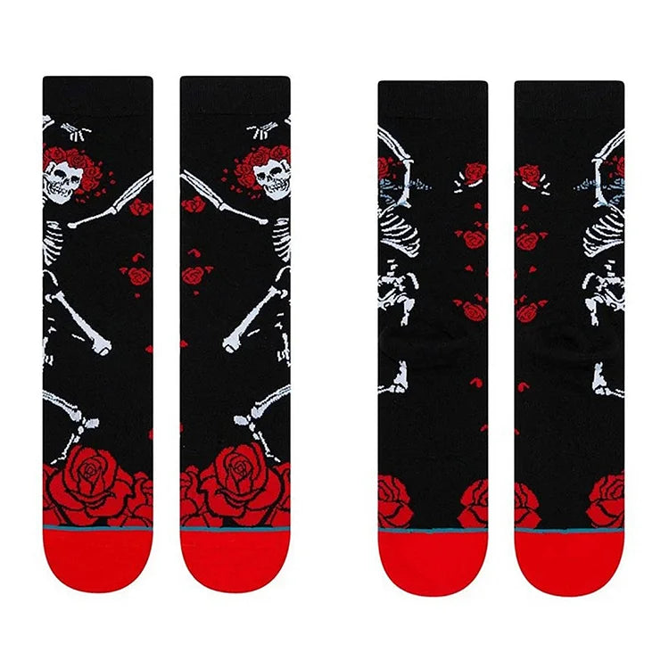 Calcetines de media pantorrilla con estampado de esqueleto bailando y rosas para Halloween 