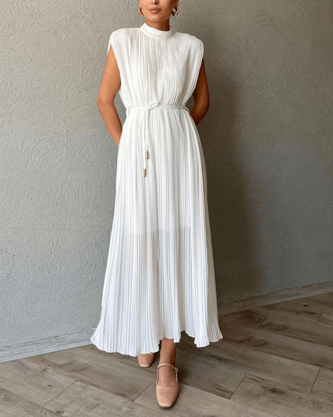 Ecru Pleated High Neck Midi Dress