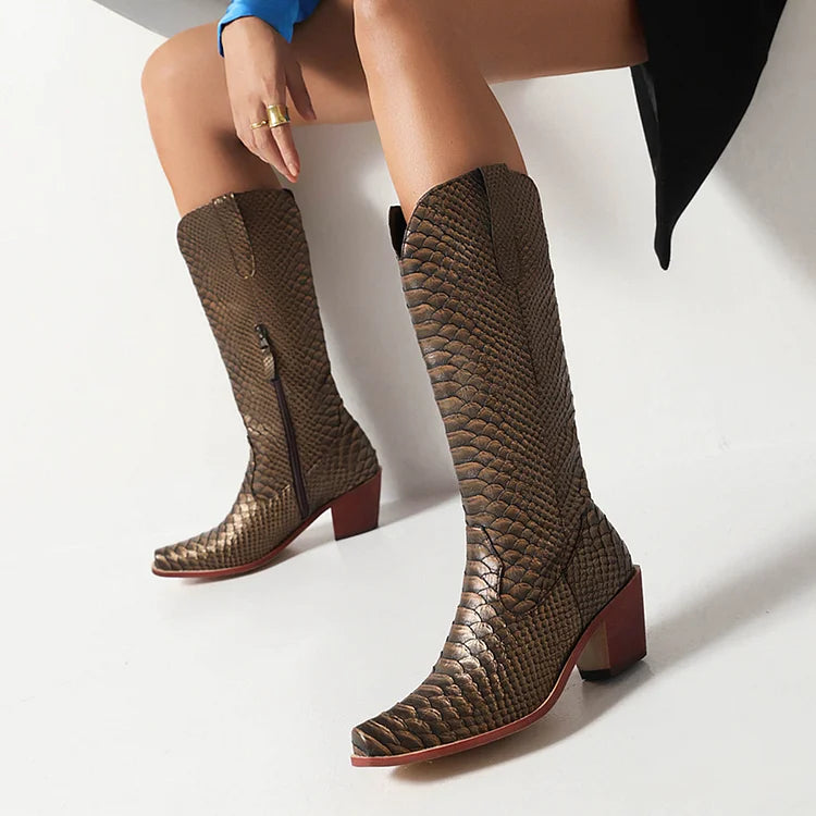 Snake Print Patchwork Pointed Toe Chunky Heel Western Boots