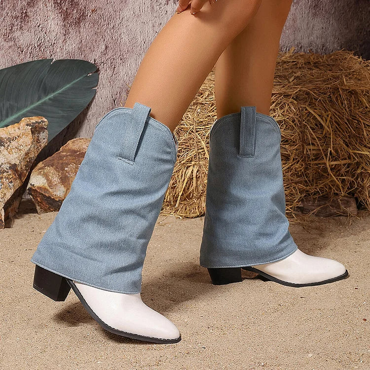 Denim Patchwork Fold Over Pointed Toe Chunky Heel Mid Boots