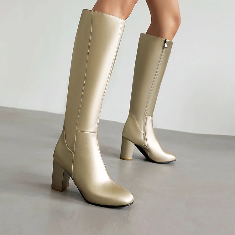 Stivali alti al ginocchio con cerniera tinta unita, punta rotonda e tacco spesso