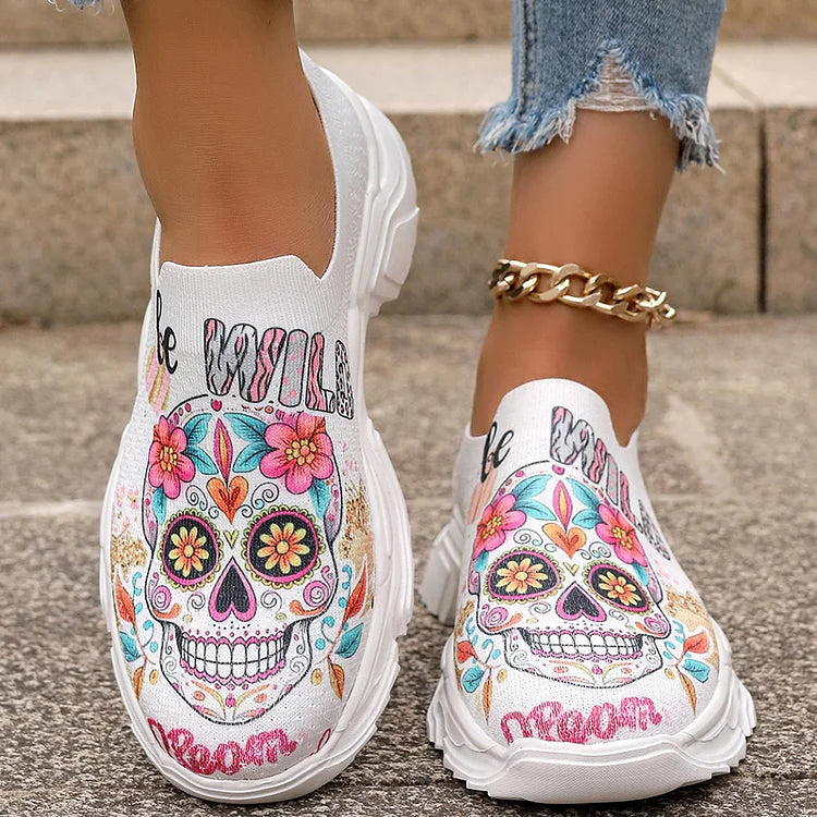 Happy Halloween Floral Skulls Ghost Pumpkin Spider Web Print Slip On Sneakers