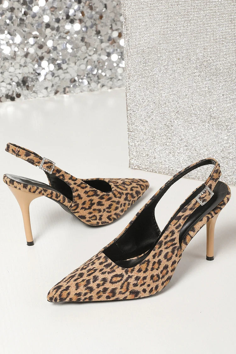 Leopard Print Pointed Toe Slingback Strap Buckle Stiletto Heels